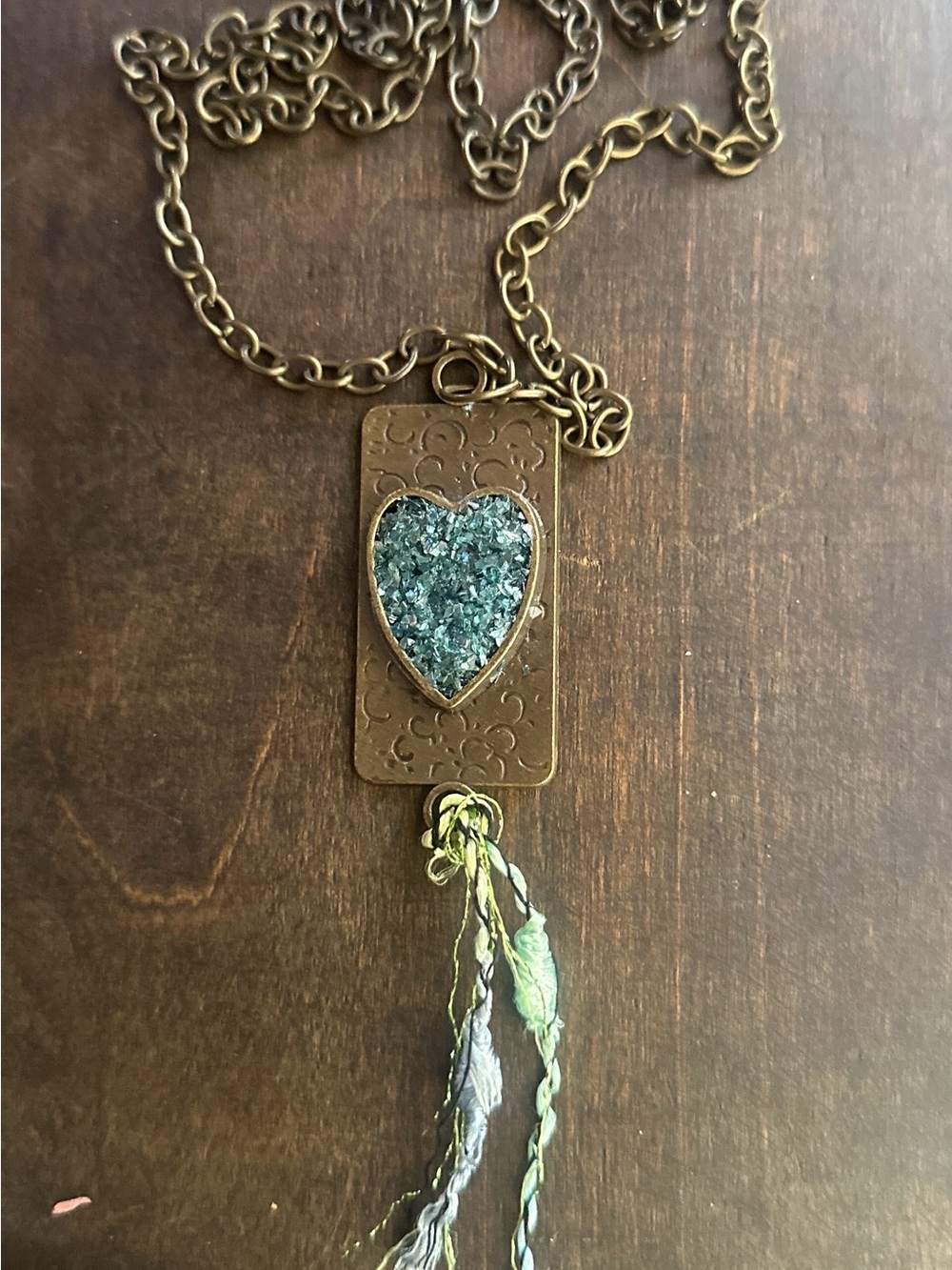 Hand Crafted Antique Bronze Teal Inclusion Heart Pendant Necklace with Tassels